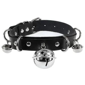 Detailed view of a black faux leather choker with silver bell pendants and metal rings