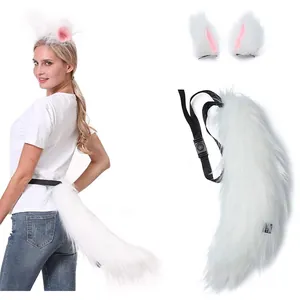 White faux fur fox tail and cat ears cosplay set for Halloween anime costume
