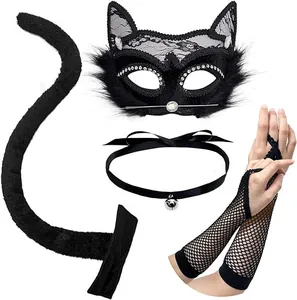 Black cat costume set featuring lace mask, bell choker, fishnet gloves and faux fur tail.