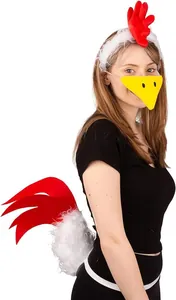 Detailed view showing the complete rooster costume set including headband beak and tail