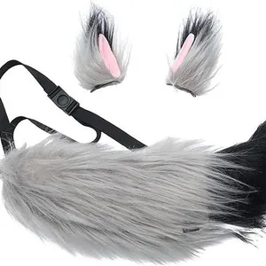 Faux fur wolf tail and cat ears cosplay costume set in grey and black for adults