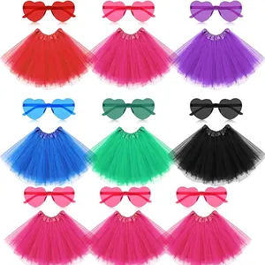 1980s party costume set featuring colorful tutu skirts and matching heart sunglasses
