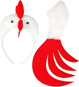 Close-up detail of white plush chicken headband and vibrant red felt tail costume set.