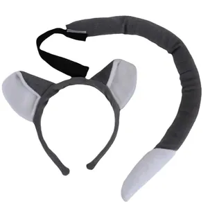 Grey and white plush mouse ears headband and tail costume set for cosplay