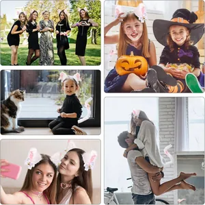 Multi-scene collage of adults and children wearing cute white plush cat ear headbands and tails