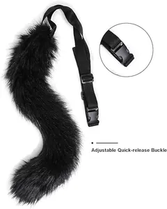 Detailed view of the adjustable strap and quick-release buckle on the black faux fur tail.