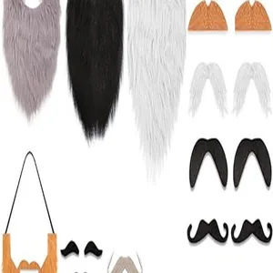 Various styles and colors of fake beards and mustaches for Halloween cosplay costumes