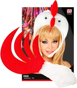 Close-up detail of the plush cock headpiece and red tail costume set for Halloween party.