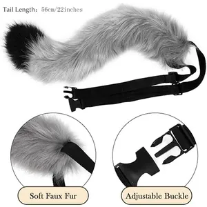 Detailed view of 56cm gray faux fur animal tail with adjustable buckle belt for cosplay