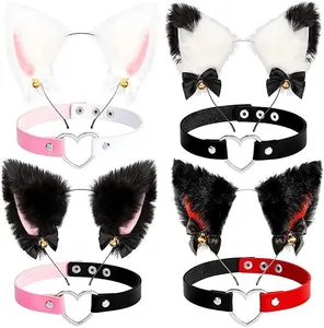 Set of four fluffy cat ear headbands with bows and bells plus matching heart chokers