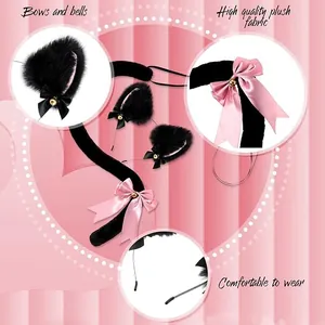 Detailed close-up of high quality plush cat ears headband and tail set with pink bows.