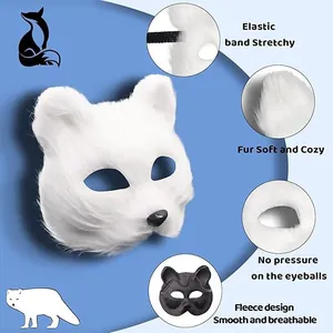 White faux fur fox mask detail showing soft texture, elastic band and breathable design