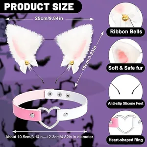 Faux fur cat ear headband and heart choker set with dimensions and feature details