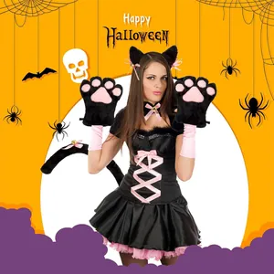 Detail of Halloween cat cosplay set featuring black pink cat ears and paw gloves.