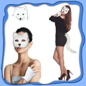 White faux fur fox mask, tail and gloves costume set for festive cosplay events