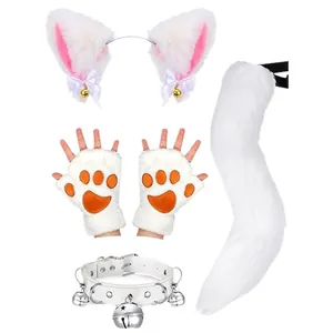 Ensemble de cosplay renard en peluche blanche avec oreilles queue et collier à clochette