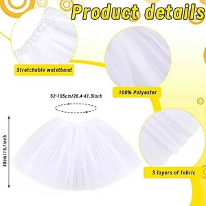 White tutu skirt details showing layers, polyester fabric, and stretchable waistband.