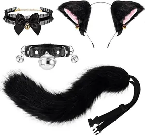 Complete 4-piece black faux fur cat cosplay set featuring ears headband, collars and tail