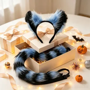 Blue and black faux fur animal ears and tail set displayed in a festive gift box.