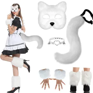 Faux Fur Fox Cat Cosplay Accessory Set Halloween Christmas Party Mask Tail Leg Warmer Wristband Choker For Women Men