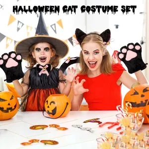 Cute black plush cat ears headband and paw gloves set for Halloween cosplay costume