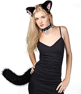 Model wearing black cat ear headband with bell choker and tail set for Halloween