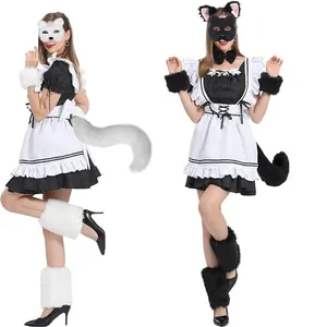 Detailed view of white and black fox plush accessory set including mask, tail and leg warmers