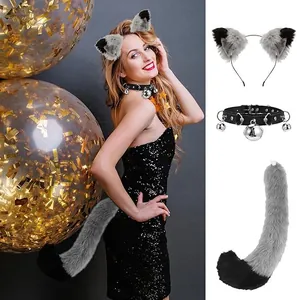 Detailed view of the three-piece gray faux fur cat ears headband, collar and tail set