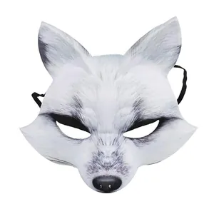 Detailed view of realistic white wolf EVA mask with fur texture for Halloween.
