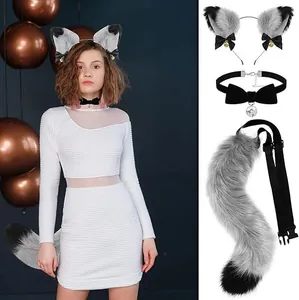 Grey faux fur wolf ears headband choker and tail cosplay costume accessory set