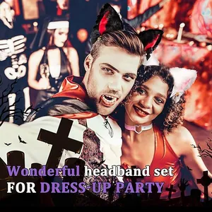 Realistic faux fur cat ear headband and heart choker set for Halloween cosplay party