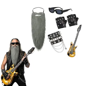 5pcs Rocker Cosplay Costume Set with Grey Beard, Inflatable Guitar and Punk Accessories