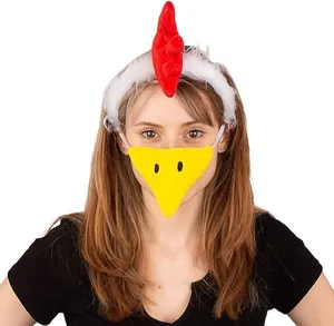 Close-up of funny chicken costume set with white furry headband and yellow fabric beak mask