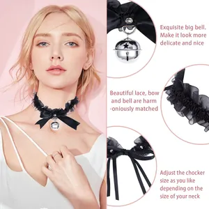 Close-up detail of black lace choker with decorative bow and silver bell for cosplay costume