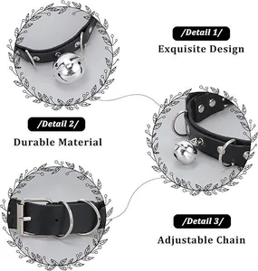 Close-up detail of adjustable black faux leather choker with silver bell and metal rings