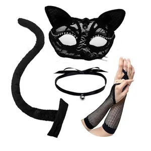Detailed set of black lace cat mask, fuzzy tail, bell choker and fishnet gloves
