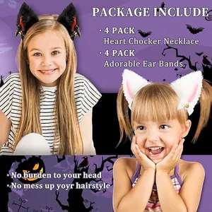 Detailed view of Halloween faux fur cat ear headbands and choker set on child models.