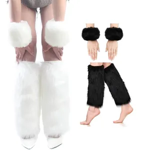 Close-up detail view of white and black faux fur leg warmers and matching plush wrist cuffs