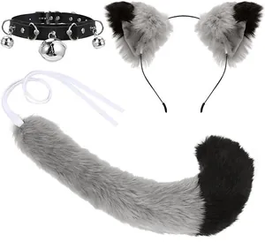 Plush grey and black furry cat ear headband set with matching tail and bell choker