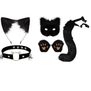 Premium 5-piece black faux fur fox cosplay set featuring mask, ears, tail, paws and choker