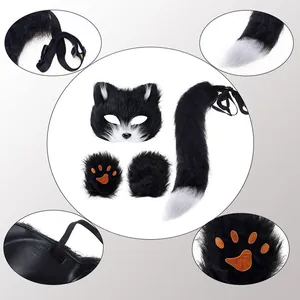 Detailed view of faux fur animal costume set including mask, tail, and paws