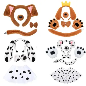 Plush dog costume set with dalmatian and brown puppy ears headbands, tutus, and tails