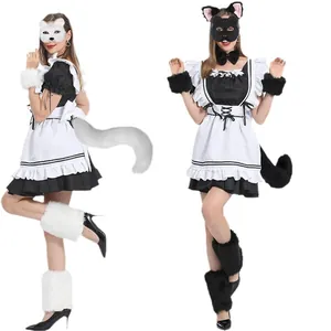 Halloween cosplay maid costume set with furry animal masks and plush tail accessories