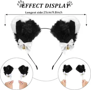 Detail view showing dimension and effect of black and white plush cat ear headband