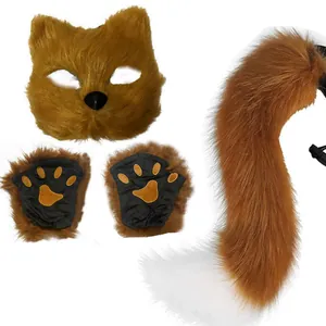 Furry wolf fox cosplay set with plush mask, paw gloves and tail