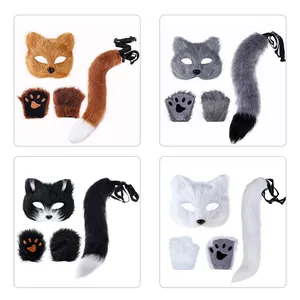 Variety of faux fur fox costume sets with mask, paws, and tail in four distinct colors