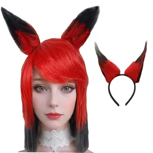 Detailed view of red and black faux fur fox ear headband with matching cosplay wig set