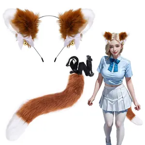 Plush fox ears headband and tail set for Halloween cosplay with bell and bow details