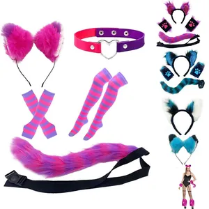 Faux fur fox wolf ears headband with striped tail and choker set for cosplay party