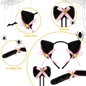 Detail view of plush cat ear headband, bow tie, and ringing tail for Halloween cosplay.